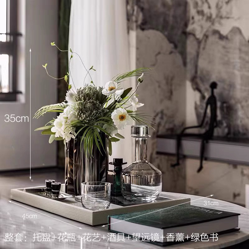 现代轻奢样板间售楼处酒店大堂前台桌面花瓶仿真绿植摆件组合装饰图片