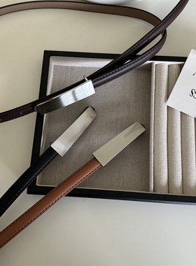 高级感老钱风细腰带女真皮简约银色按扣装饰裙子衬衣牛仔裤皮带