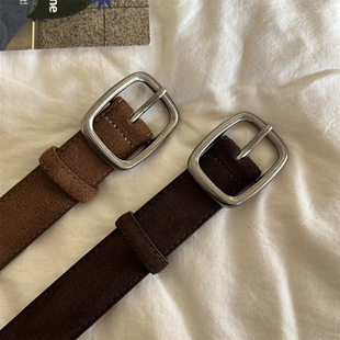 高级感裤 时尚 带咖色 皮带女真皮绒面腰带复古做旧银扣配牛仔裤 新款