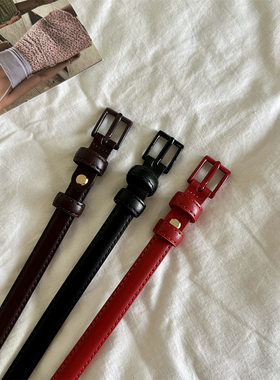 韩系复古细腰带女纯色扣高档老钱风休闲百搭配饰真皮裤带皮带黑色