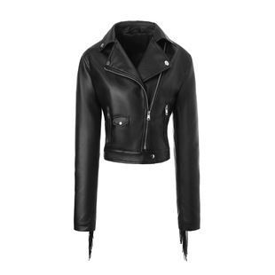跨境外贸女式PU流苏皮衣翻领秋冬机车流苏外套Women's jacket