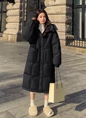 奶fufu淡黄色羽绒棉服女中长款2025冬季新款连帽加厚过膝小个子外