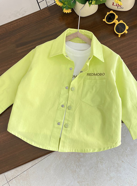 儿童春季绿色夹克衫宝宝休闲轻薄外套男童韩版洋气衬衫纯色时尚