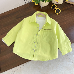 儿童春季绿色夹克衫宝宝休闲轻薄外套男童韩版洋气衬衫纯色时尚