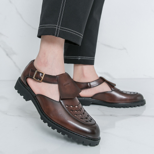 镂空皮鞋 英伦韩版 搭扣商务休闲皮鞋 透气包头凉鞋 男 男士 罗马鞋 凉鞋