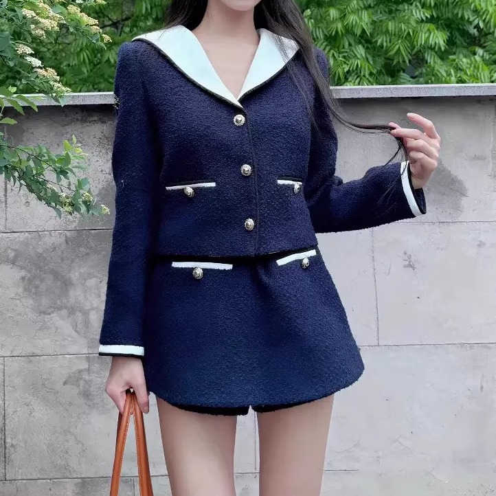 现货！SP同款2025秋新藏蓝色海军领粗花呢小香风外套上衣半裙套装
