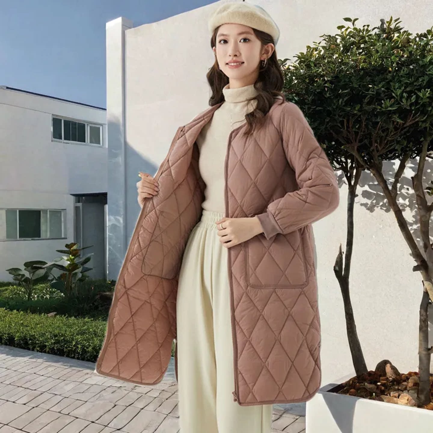 2025冬季无领女士冬季中长款气质宽松外套保暖羽绒棉服轻薄款大衣