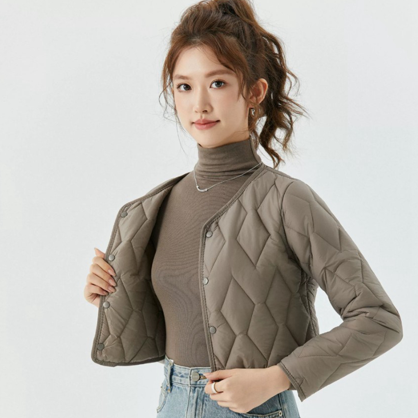 女护肩打底轻薄短款棉服时尚修身