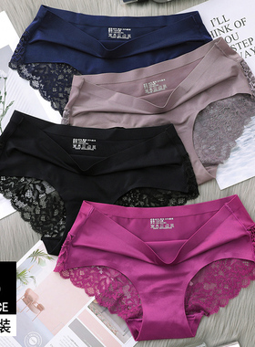 5件蕾丝冰丝大码女三角内裤Women Underwear plus size Panties
