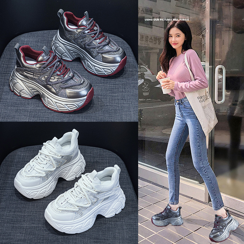 厚底老爹鞋女2025春季新款网红同款休闲百搭特殊面料9cm增高女鞋