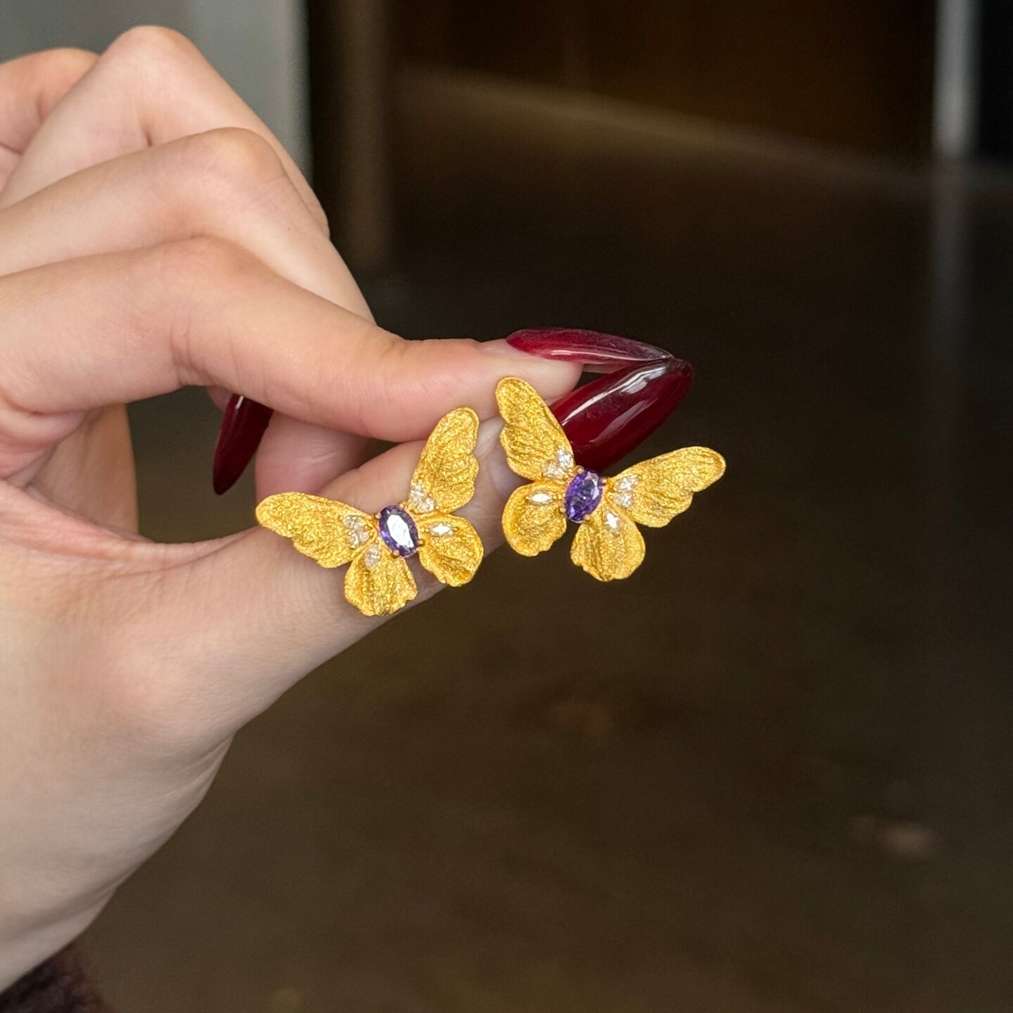 黄金紫宝石蝴蝶耳钉 999足金镶莫桑钻耳环送女朋友妈妈生日礼物男