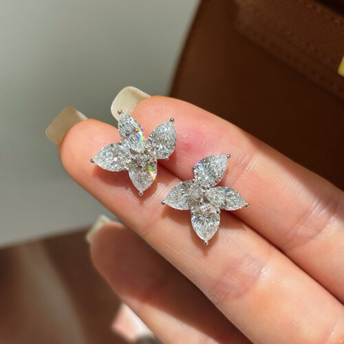 18K白金培育钻cluster不规则花朵耳钉人工人造合成钻石花簇耳饰女