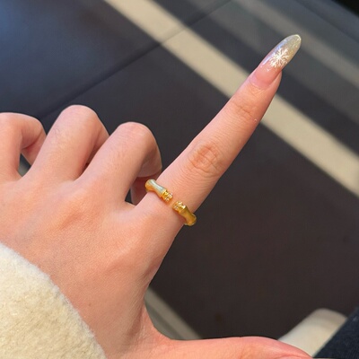 黄金拉丝竹节开口戒指 足金999莫桑钻对戒结婚订婚送女友生日礼物