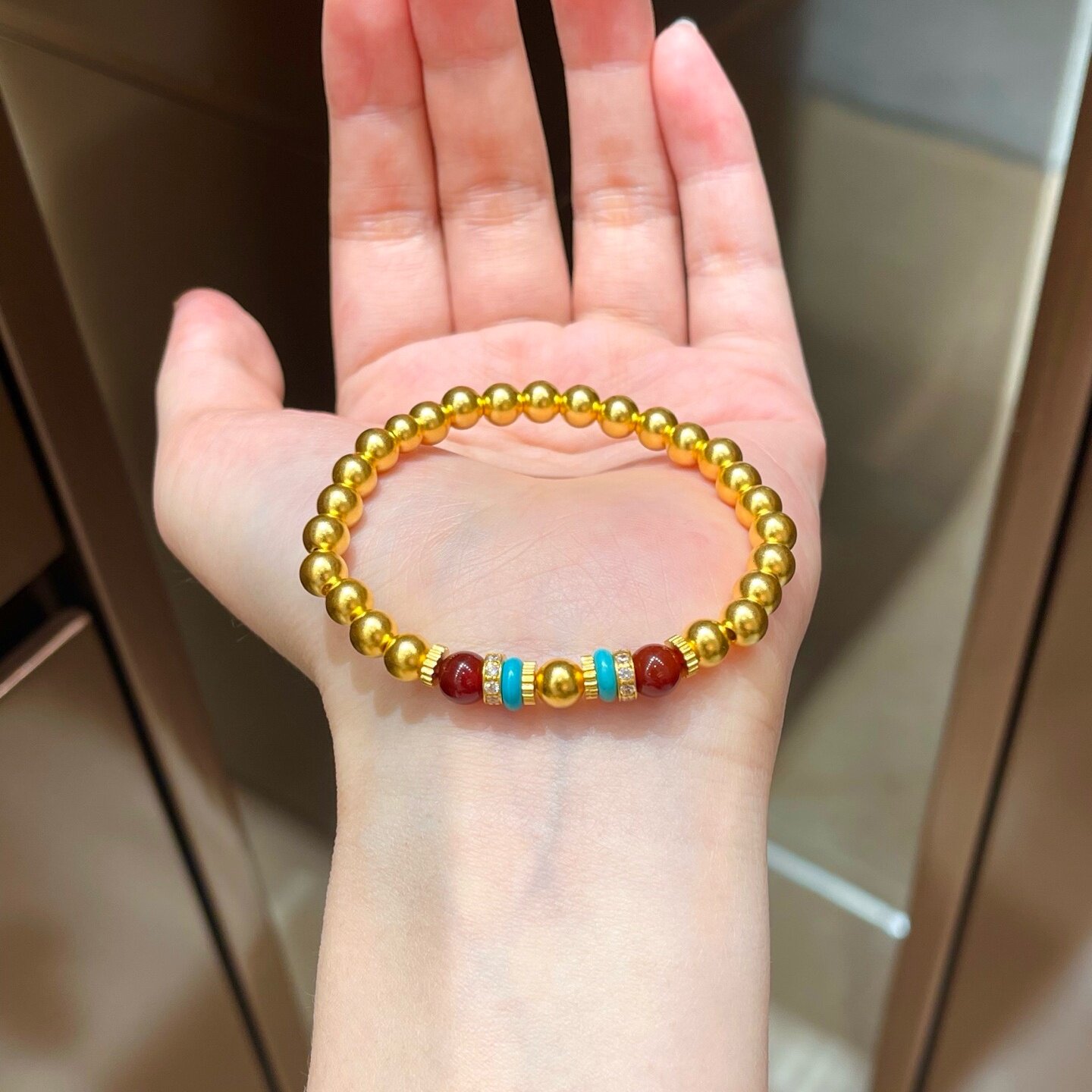 黄金古法苹果珠桶珠手链 点钻999足金手串可调节送女朋友生日礼物