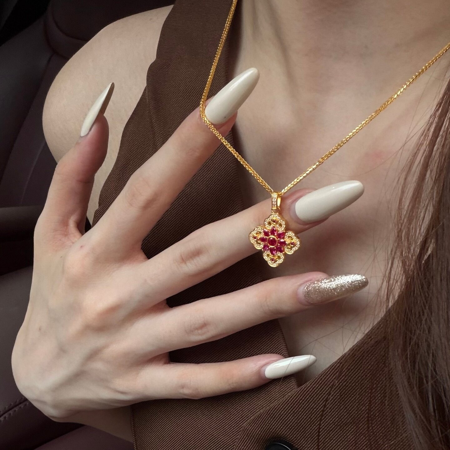 黄金四合如意项链 999足金红宝石吊坠情人节送女友生日礼物锁骨链