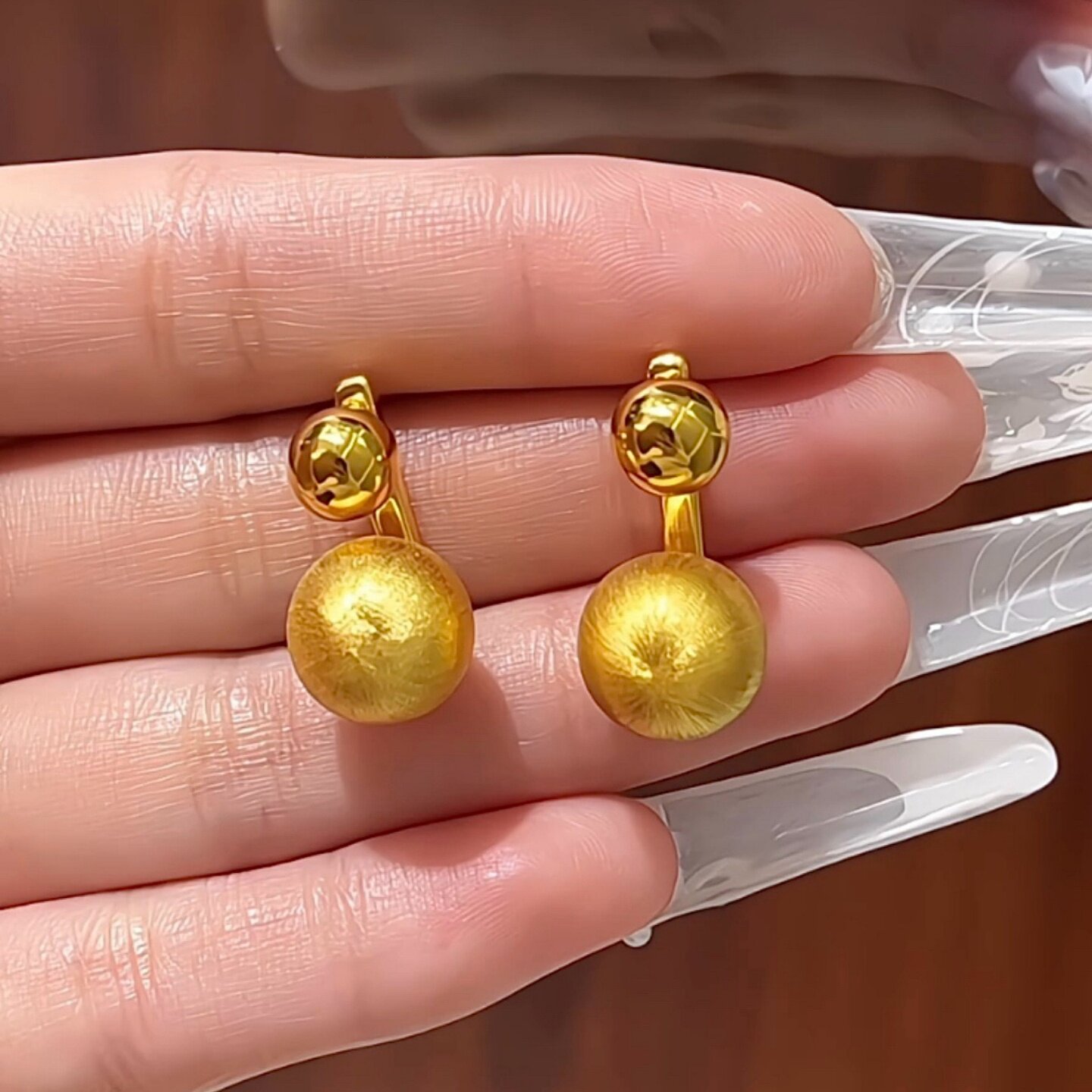 黄金光珠拉丝球耳钉 999足金耳环结婚情人节送女朋友妈妈生日礼物