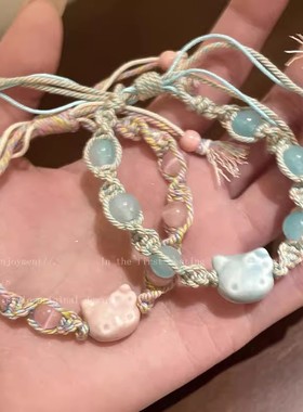 可爱陶瓷小猫编织串珠手链女小众设计高颜值甜美可爱百搭手串饰品