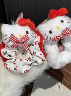 可爱红格子蝴蝶结KT猫发圈软妹毛茸茸卡通发绳秋冬百搭马尾发饰