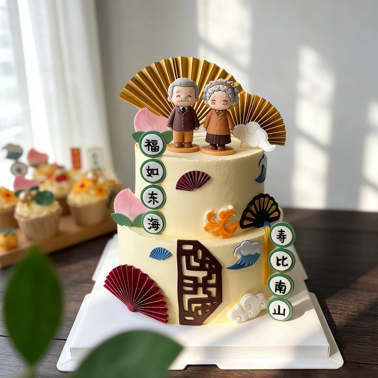 棕色系休闲装西装爷爷奶奶软胶玩偶 长辈生日蛋糕装饰祝寿摆件