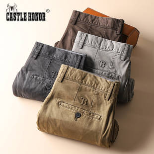 意大利高端进口100%纯棉休闲裤秋冬厚款男卡其色商务免烫抗皱裤子