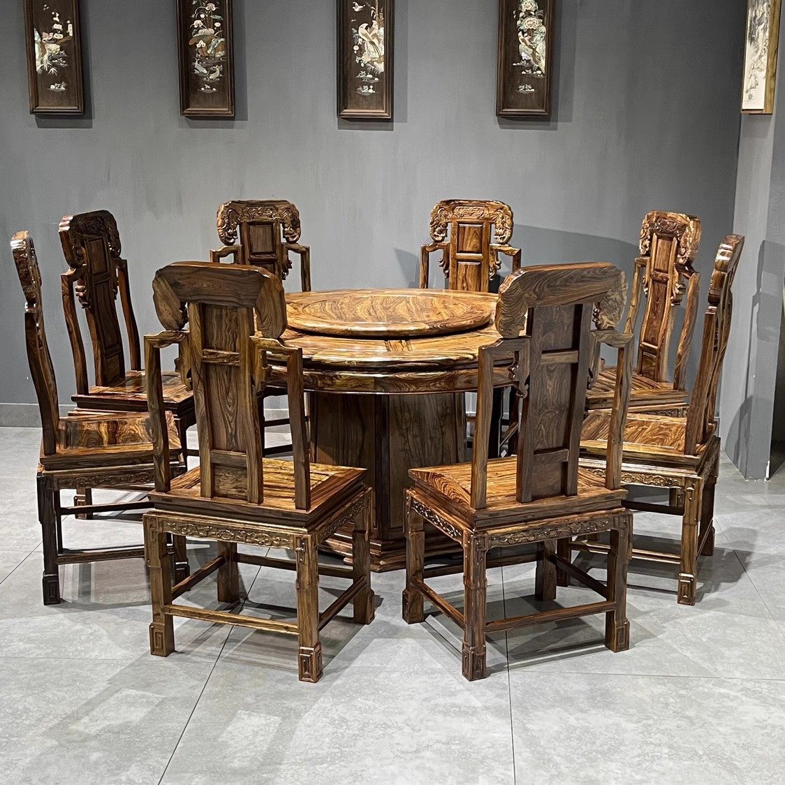 越南大叶黄花梨1.38米象头如意圆形餐台清香木紫油木吃饭桌椅组合