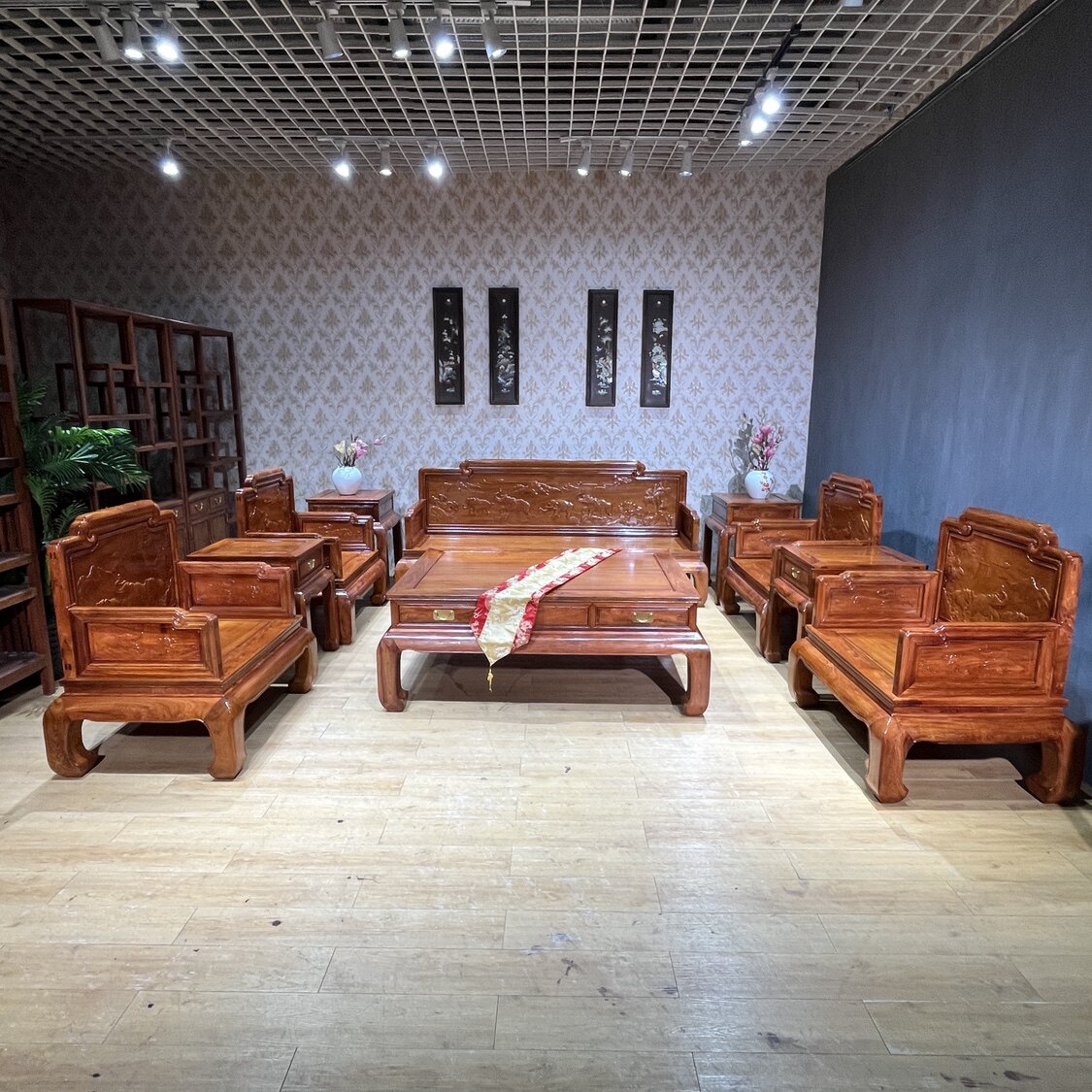 缅花梨木吉祥如意沙发十件套大果紫檀雕刻大象客厅椅红木茶几桌椅