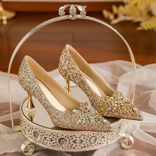 法式水钻绝美秀禾婚鞋女2025新款婚纱新娘鞋18岁成人礼高跟水晶鞋