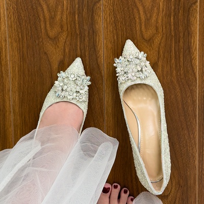 婚鞋禾秀婚纱两穿新娘鞋女2025新款银色水晶鞋法式绝美礼服高跟鞋