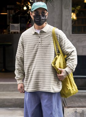 Propcell美式复古条纹长袖Polo衫男宽松翻领休闲潮流长袖T恤上衣