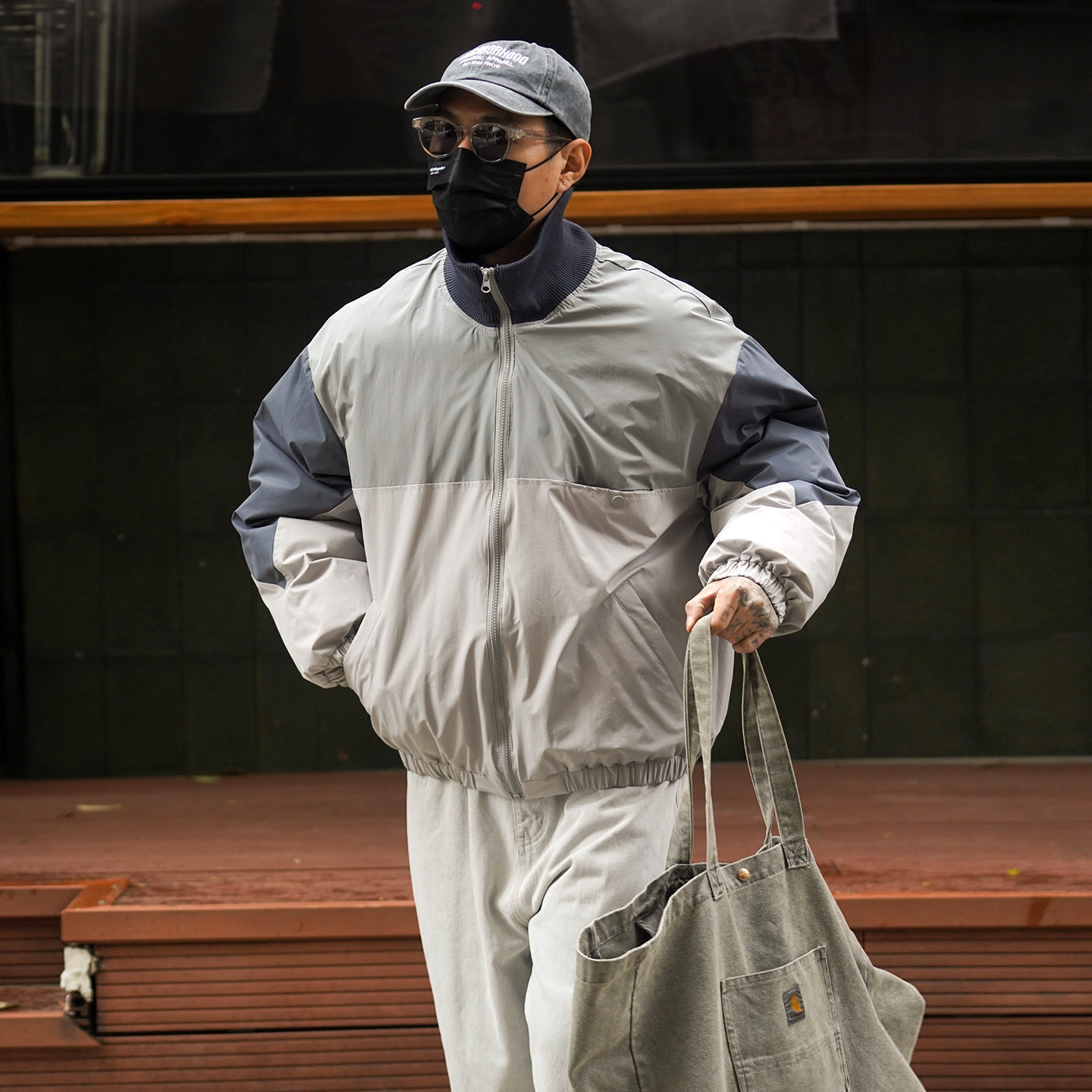 propcell日系复古拼色立领棉服