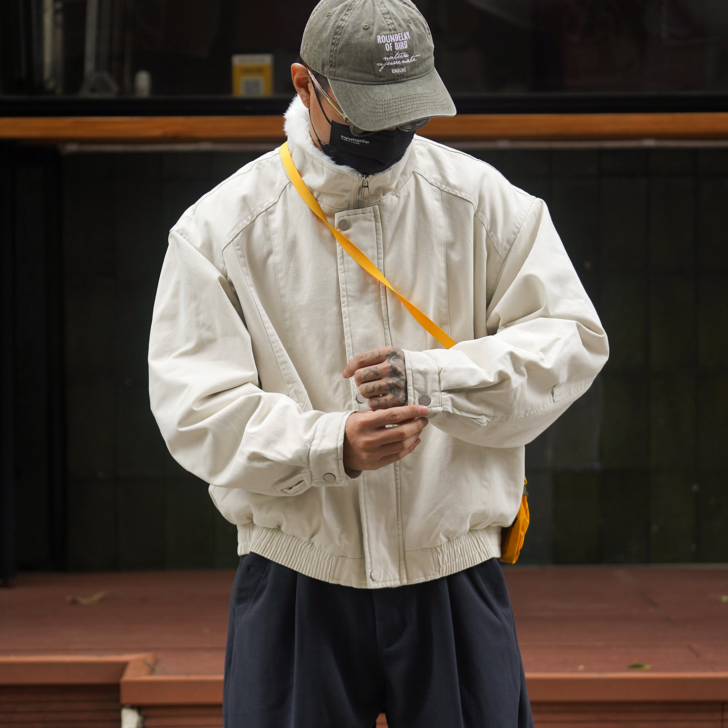 日系复古毛里立领工装夹棉夹克