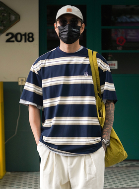 Propcell日系落肩袖条纹T恤男女短袖宽松百搭复古刺绣休闲潮牌tee