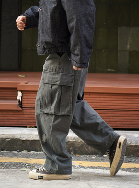 日系复古重工酵洗补丁工装风侧口袋长裤男宽松直筒阔腿休闲布裤子