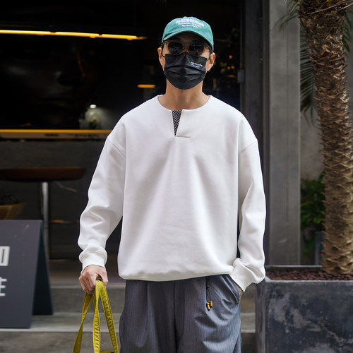 春秋重磅拼接格纹V领T恤男