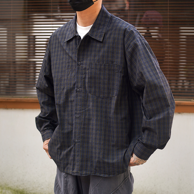 Propcell秋季日系复古Cityboy格子长袖衬衫潮男宽松休闲衬衣外套