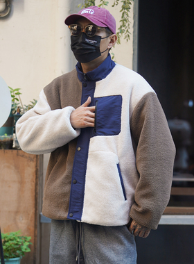 PROPCELL26新款日系撞色拼接羊羔绒夹克夹棉冬季宽松加厚保暖外套