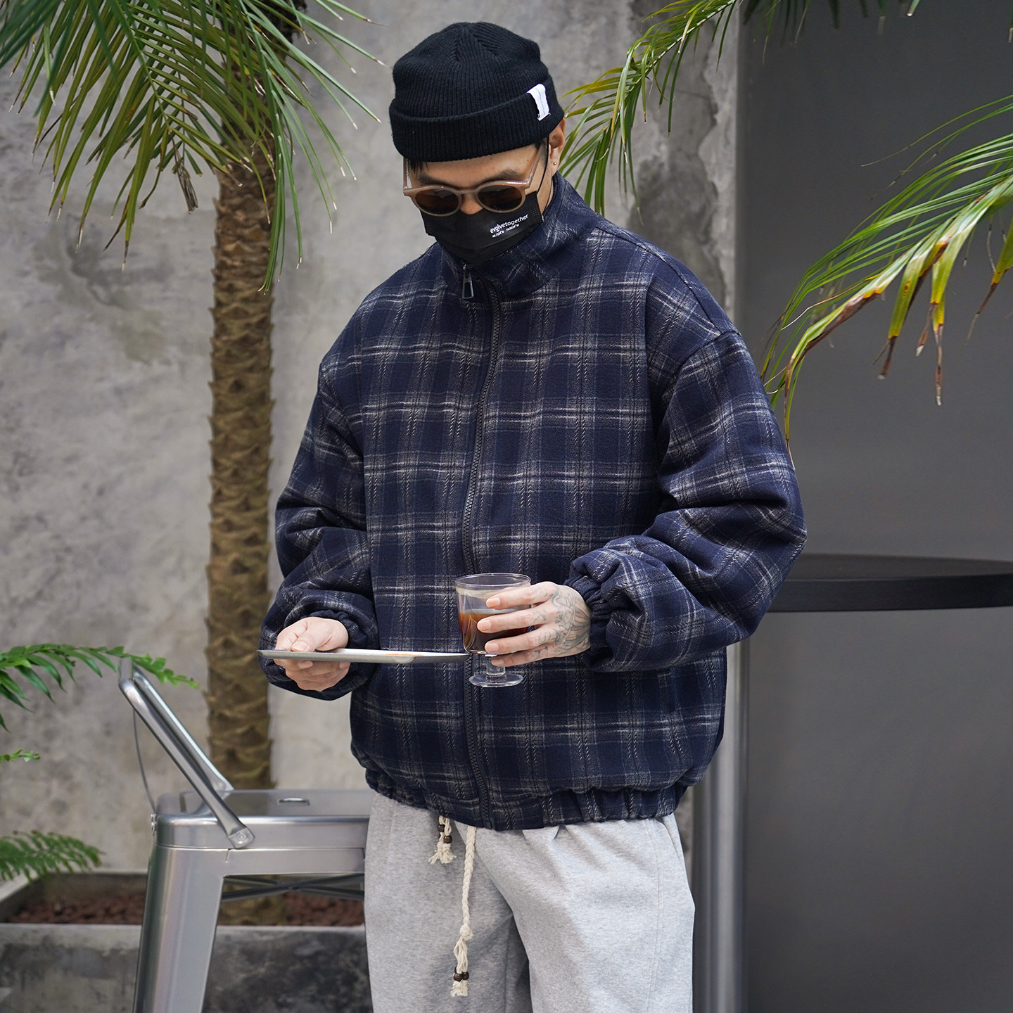 日系复古格子立领夹棉宽松夹克