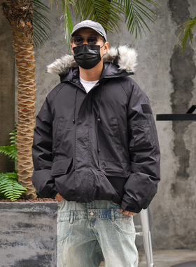 90白鸭绒美式复古可拆卸毛领派克羽绒服男加厚座山雕保暖通勤外套