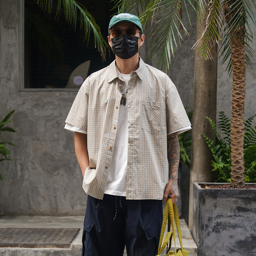夏季日系复古格纹短袖衬衫男