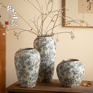 景德镇中古风复古手工青花瓷侘寂风客厅餐桌茶室样板间装 饰品摆件