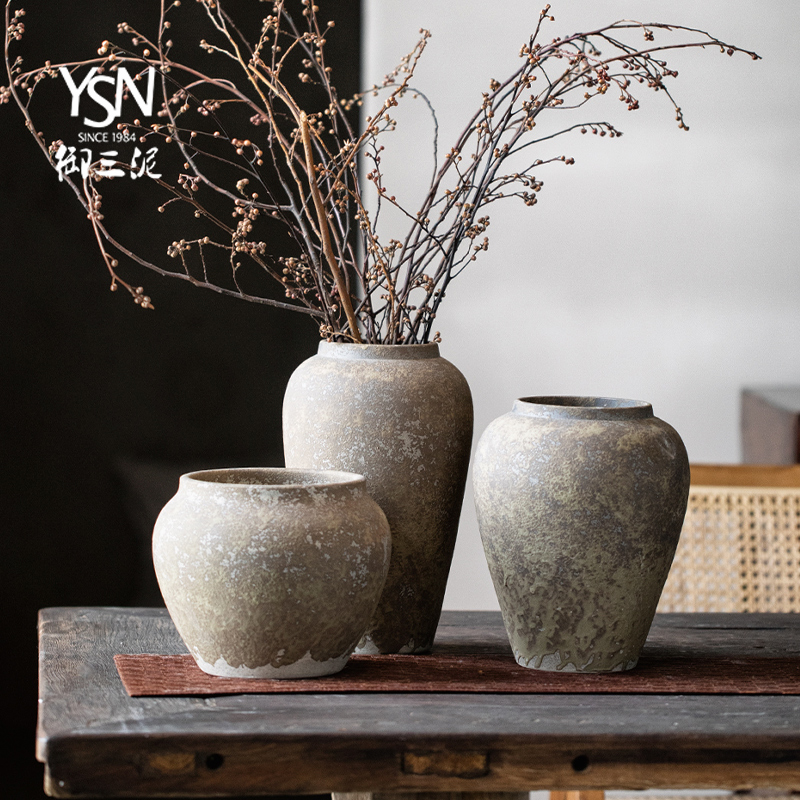 御三泥手工粗陶花器多肉陶罐陶艺干花装饰摆件花瓶复古茶室禅意瓶