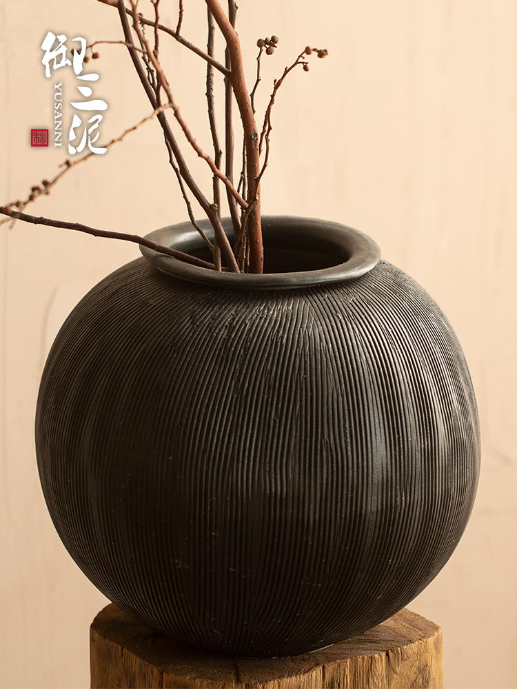 粗陶花器月亮罐景德镇陶瓷瓶禅意装饰品雕刻新中式干花水插花花瓶