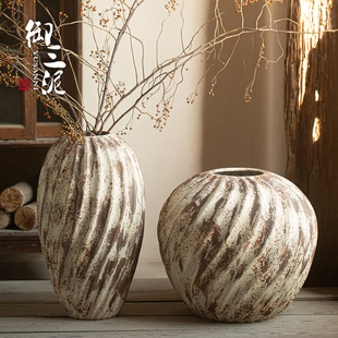 御三泥手工侘寂风民宿餐厅商场装饰摆件创意艺术感插花大陶罐落地