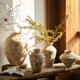 御三泥侘寂风高级感粗陶罐软装客厅复古花瓶中式玄关民宿粗陶摆件