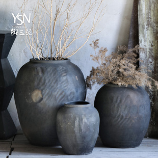 做旧黑陶罐落地花瓶组合禅意土罐彷古中式艺术老瓦罐覆古翁缸粗陶