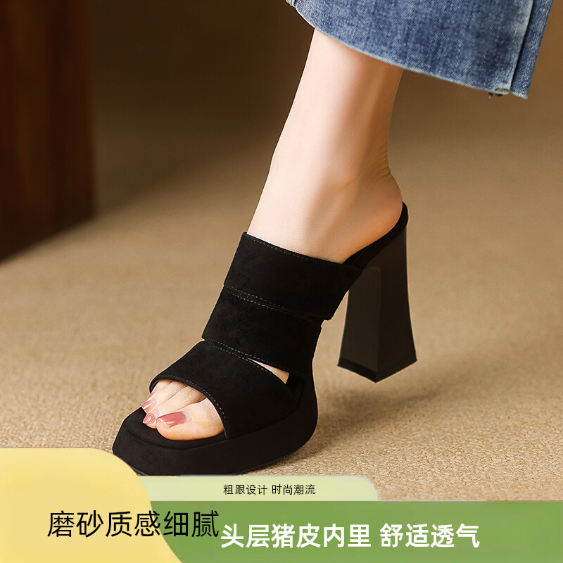 内外全皮10cm高跟拖鞋女夏欧美方头磨砂真皮防水台粗跟露趾一字拖