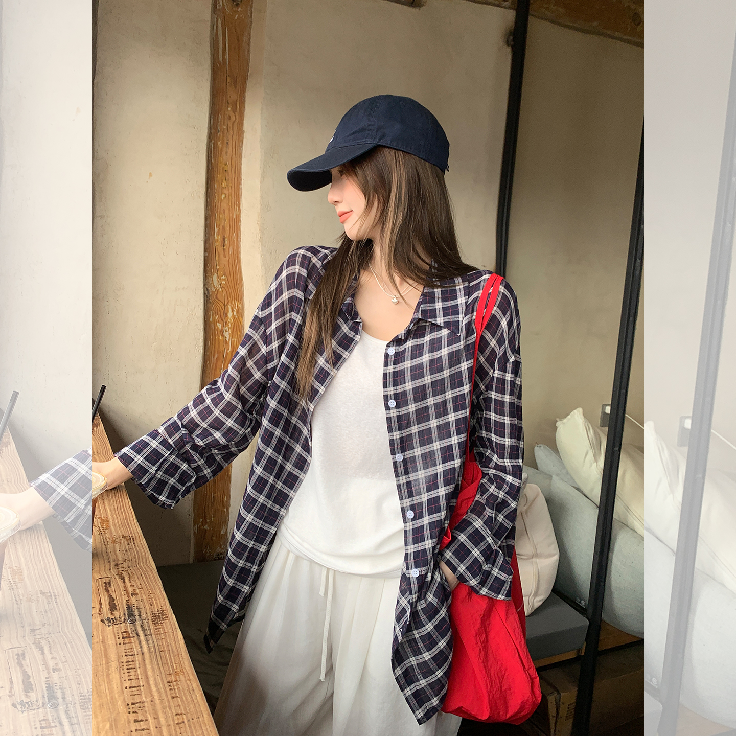 实拍实价韩系2025年秋季新款百搭慵懒宽松上衣防晒格纹衬衫外套女