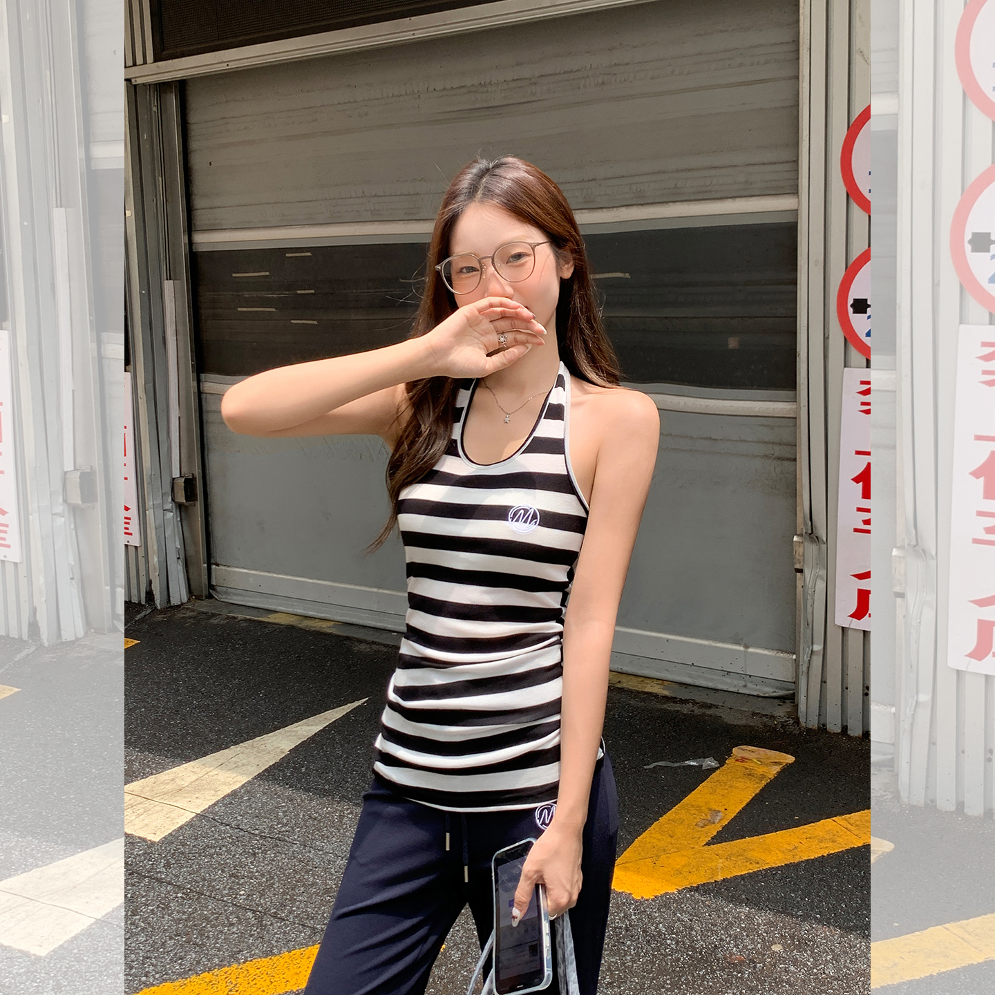实拍实价长袖t恤针织开衫2025早秋季条纹挂脖吊带背心上衣套装女