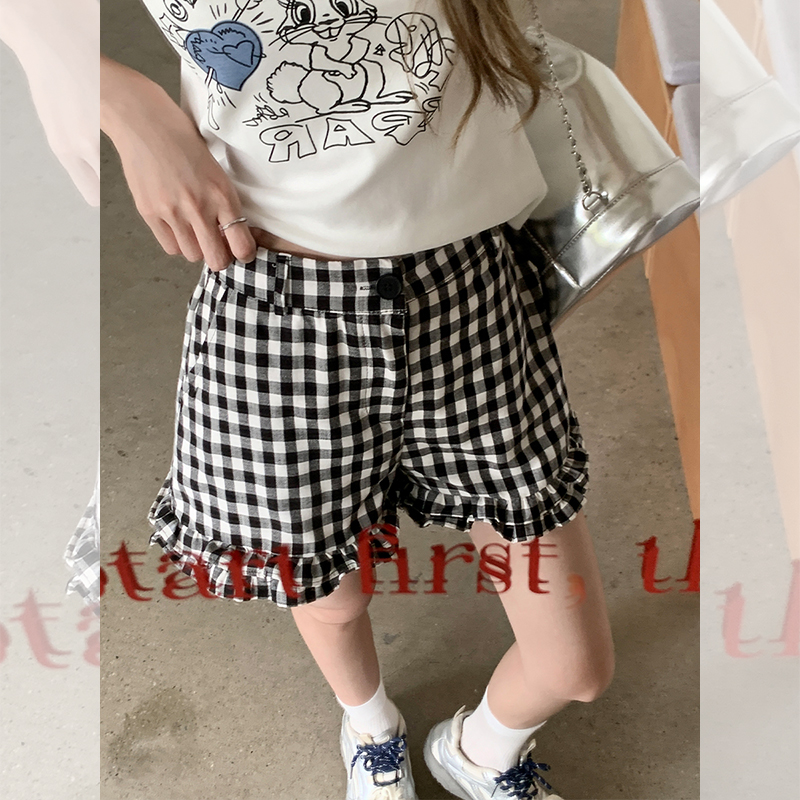 实拍实价韩系黑白格子高腰休闲裤女2025年新款小设计直筒短裤