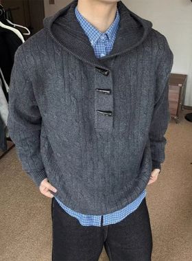 深灰色牛角扣连帽毛衣男款冬季宽松慵懒风套头针织衫cleanfit外套